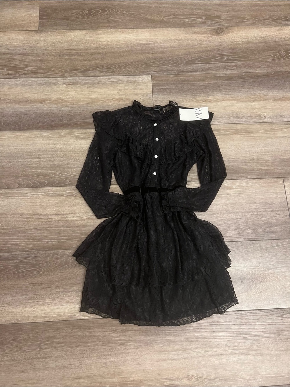 Zara Black Lace Tiered Dress with Ruffled Yoke